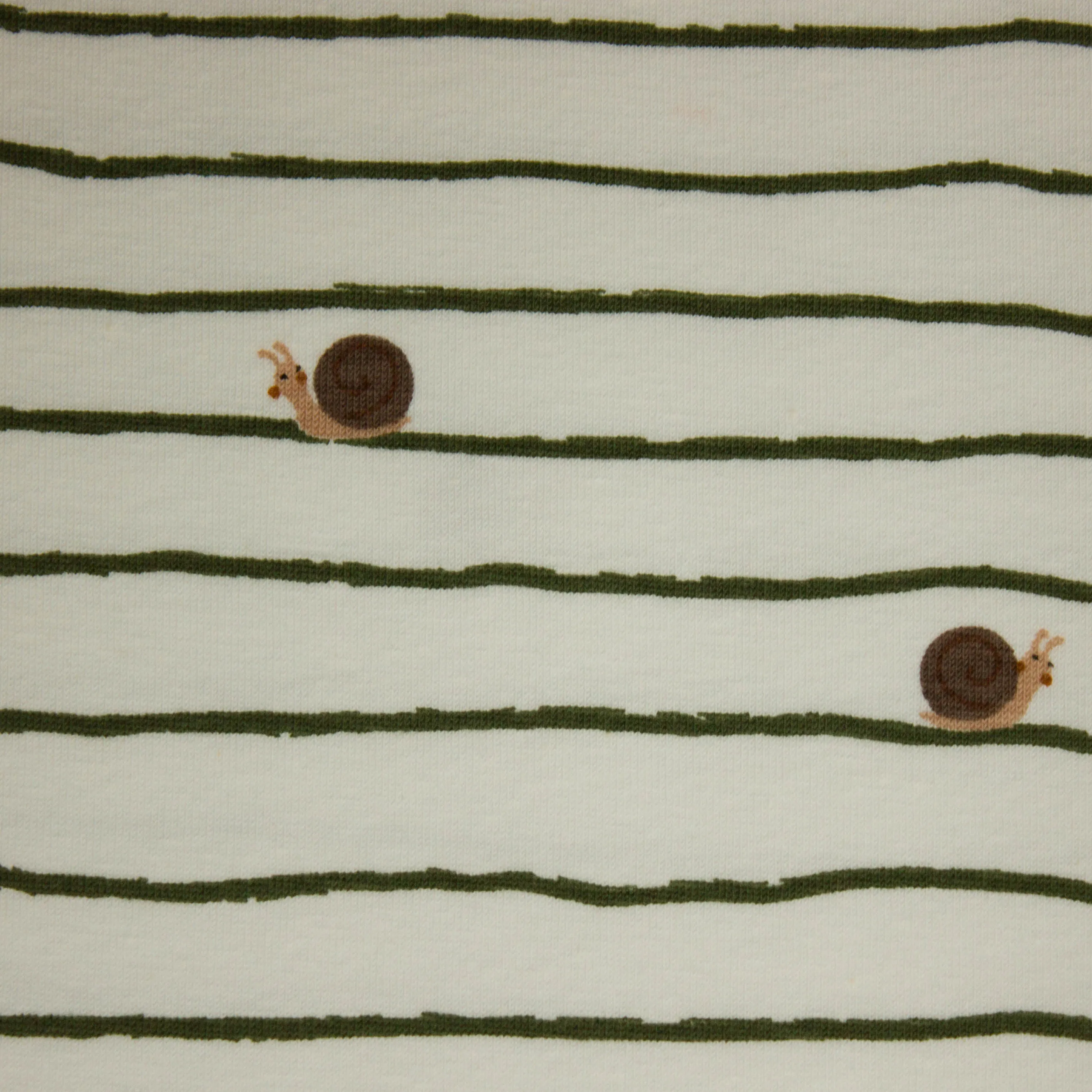 Katoen tricot wit met groene lijnen en slakken